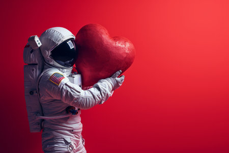 an astronaut hugging a large soft red valentine love heartの素材