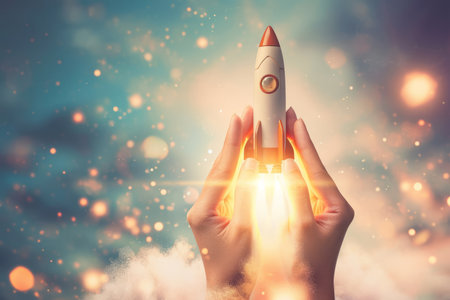 Business start up concept. A rocket ship taking off from a persons handsの素材