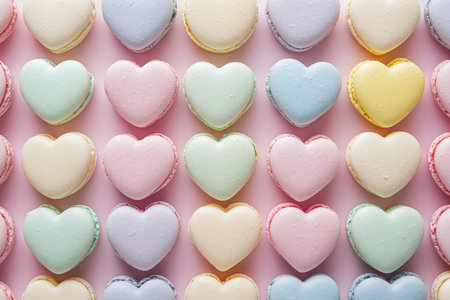 overhead view of pastel color heart shaped valentines day macaroonsの素材