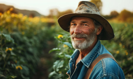 Portrait of a senior farmer standing in his farm field in the evening sunの素材