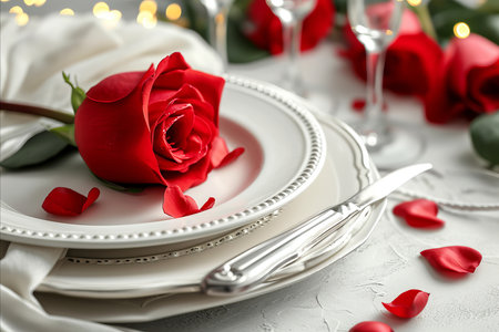 Valentines day romantic restaurant dinner setting with red roseの素材