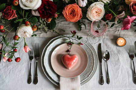 Valentines day romantic restaurant dinner setting with red roseの素材