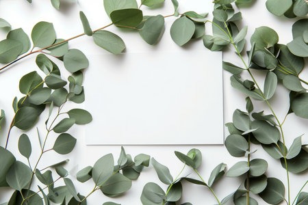 Overhead flat lay view of a blank white invitation stationery card with eucalyptus leavesの素材