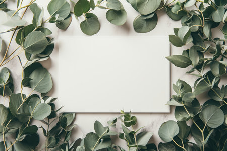 Overhead flat lay view of a blank white invitation stationery card with eucalyptus leavesの素材