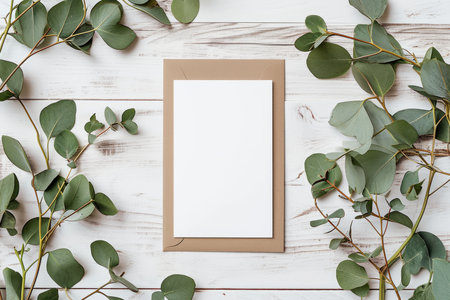 Overhead flat lay view of a blank white invitation stationery card with eucalyptus leavesの素材