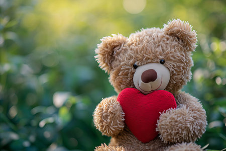 a cute Valentine teddy bear holding a romantic red love heartの素材