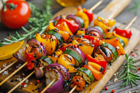 Vegetarian mixed vegetable skewers ready for a summer mealの素材
