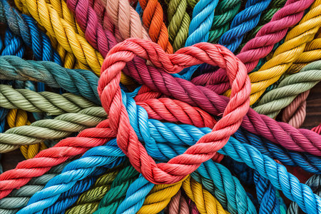 A group of colorful ropes connected together to form a love heart shapeの素材