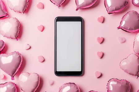 flat lay view of a mobile phone mockup surrounded by valentine heart shaped balloonsの素材