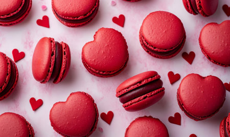 overhead view of red heart shaped macarons for valentines dayの素材