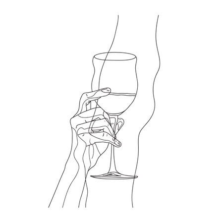 Abstract line art style illustration of a hand holding a glass of wineの素材