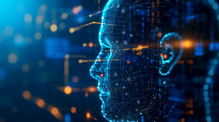Side profile of a futuristic artificial intelligence computer head with glowing lines and dataの素材