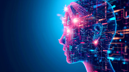 Side profile of a futuristic artificial intelligence computer head with glowing lines and dataの素材