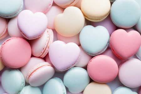 overhead view of pastel color heart shaped valentines day macaroonsの素材