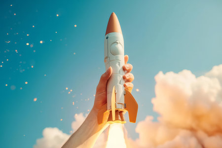Business start up concept. A rocket ship taking off from a persons handsの素材