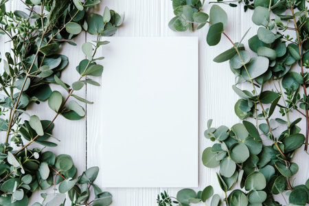 Overhead flat lay view of a blank white invitation stationery card with eucalyptus leavesの素材