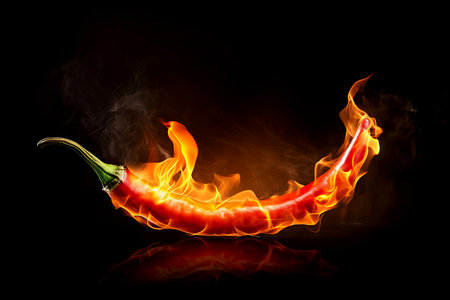 A flaming hot red chilli pepper on fire. Burning hot spicy chilli foodの素材