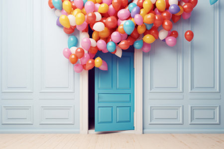 Bright colorful balloons flying through an open doorの素材
