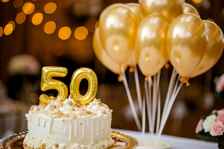 Happy 50th birthday. Gold helium 50 birthday balloons on a birthday cakeの素材