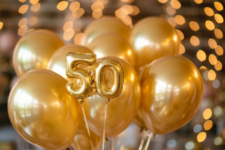 Happy 50th birthday. Gold helium 50 birthday balloons at a celebration eventの素材