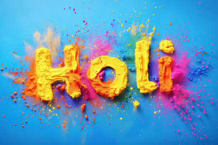 Holi festival celebration. Holi word with bright colorful powder explosionの素材