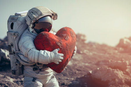an astronaut hugging a large soft red valentine love heartの素材