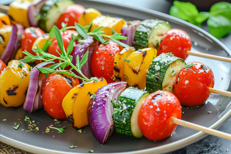 Vegetarian mixed vegetable skewers ready for a summer mealの素材