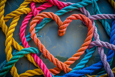 A group of colorful ropes connected together to form a love heart shapeの素材