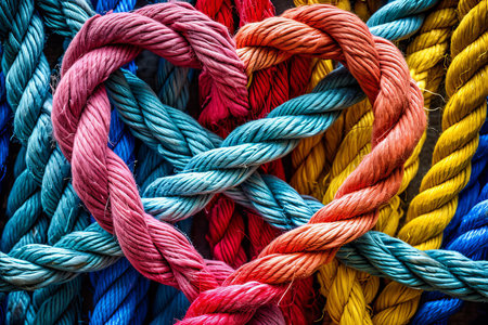 A group of colorful ropes connected together to form a love heart shapeの素材