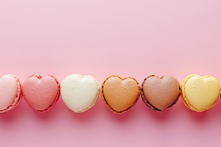 A row of pastel color heart shaped valentines day macaroonsの素材