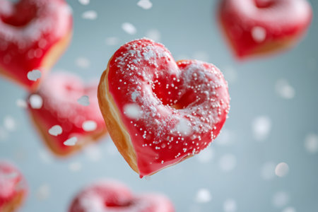 heart shaped valentine iced doughnut flying against a plain backgroundの素材