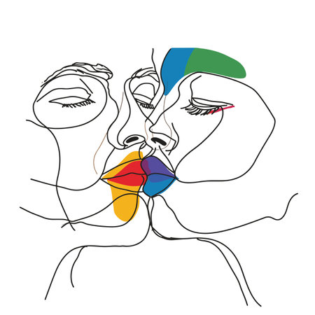 Simple abstract line drawing illustration of a couple kissingの素材