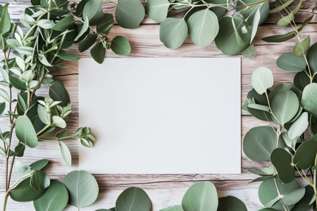 Overhead flat lay view of a blank white invitation stationery card with eucalyptus leavesの素材