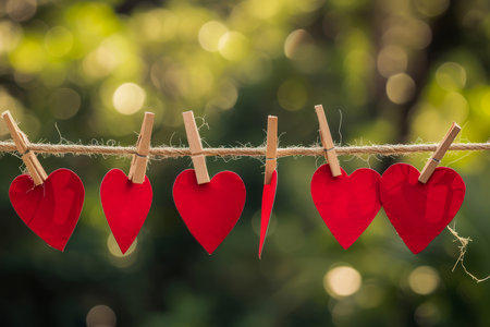 red love hearts pegged onto a clothes line outdoorsの素材