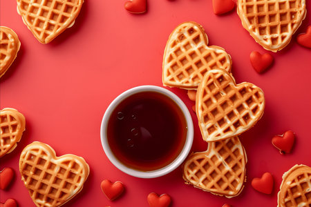 Fresh heart shaped waffles. Valentines day breakfast treatの素材