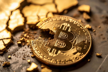 Close up of a broken and cracked bitcoin. Price crash conceptの素材