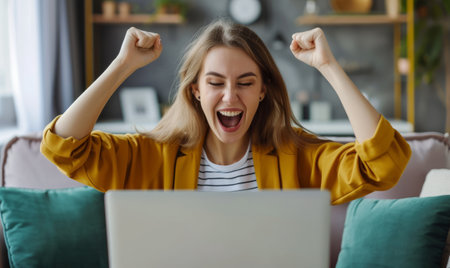 A happy woman celebrating winning or business success working at a laptop at homeの素材