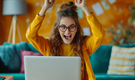 A happy woman celebrating winning or business success working at a laptop at homeの素材