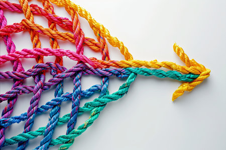 A group of colorful ropes coming together to form a direction arrow. Teamwork conceptの素材
