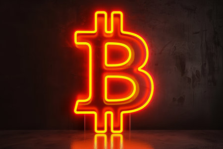 Bitcoin digital crypto currency glowing neon symbolの素材