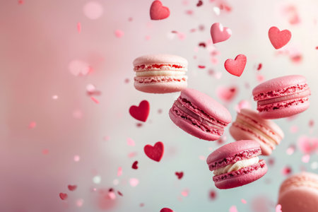 Pink macaroons flying on a pastel background with red love hearts. Valentines sweet giftの素材