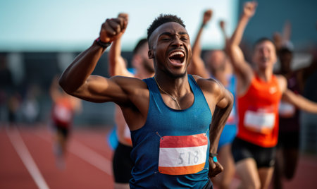 Photo pour A male track and field athlete celebrating winning a sprint race at a sports event - image libre de droit