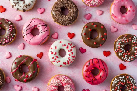 Overhead flat lay view of Valentines day frosted doughnutsの素材