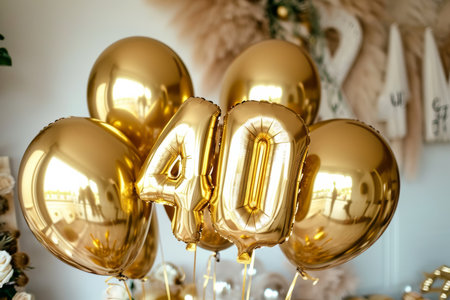 Happy 40th birthday. Gold helium 40 birthday balloons at a celebration eventの素材