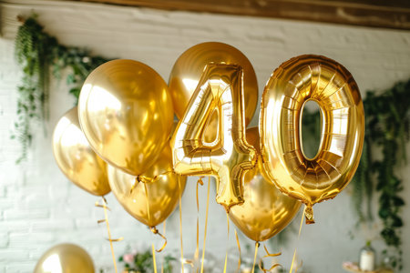 Happy 40th birthday. Gold helium 40 birthday balloons at a celebration eventの素材