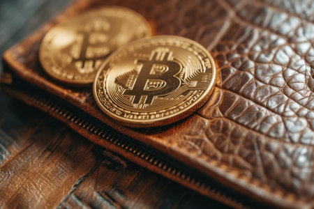 Brown leather crypto curreency wallet with a bitcoin gold coin. Digital finance conceptの素材
