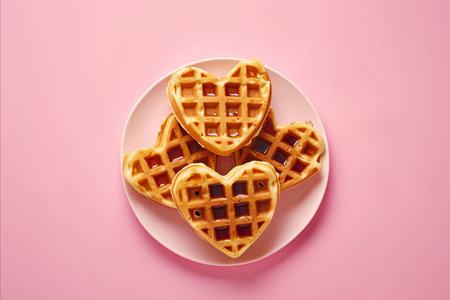 Fresh heart shaped waffles. Valentines day breakfast treatの素材
