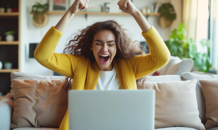 A happy woman celebrating winning or business success working at a laptop at homeの素材