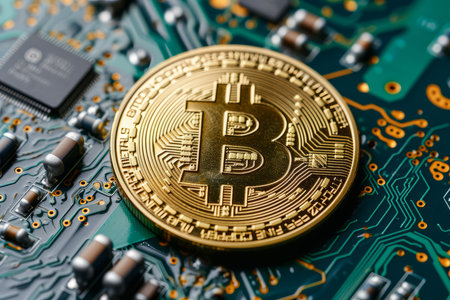 Bitcoin cryptocurrency coin on a computer circuit boardの素材