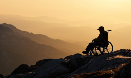 silhouette of a person in a wheelchair on top of a mountainの素材